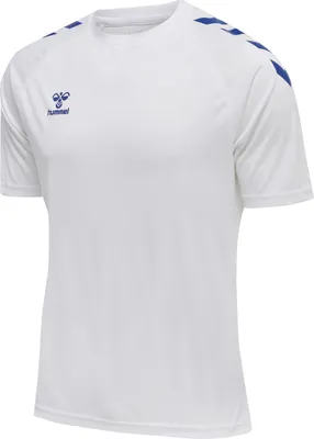 A white t-shirt with blue accents on the shoulders.