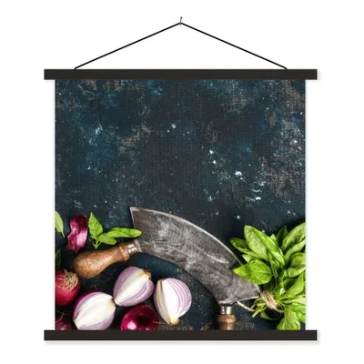 Produktbild von MuchoWow® Textilposter Gemüse - Kräuter - Wiegemesser - Zwiebel - Gewürze - Rustikal 60x60 cm mit schwarzem Rahmen - Posteraufhänger