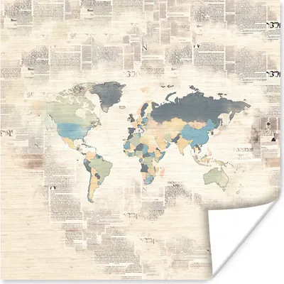 Produktbild von MuchoWow® Poster Weltkarte - Farben - Zeitungspapier 30x30 cm - Wandposter - Printing