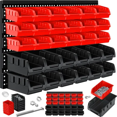 A set of red and black storage bins mounted on a black pegboard, with some hardware displayed in the foreground.