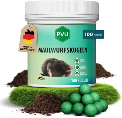 Produktbild von PVU Maulwurfskugeln 100er Pack - Maulwurf-Kugeln- Sofort-& Langzeitwirkung - EUKALYPTUS Zitrone Duft - Effektives Mittel gegen Maulwürfe