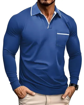 Produktbild von Basic Poloshirt mit V-Ausschnitt für Herren, langärmlig