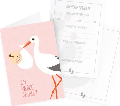 Produktbild von itenga 12x Klappkarten "Ich werde getauft" Storch mit Baby rosa pastell