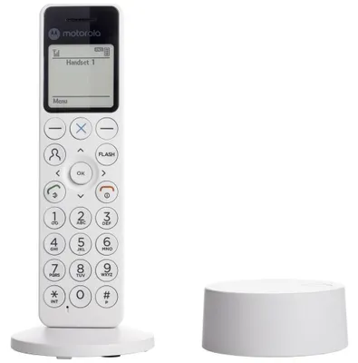 Zdjęcie produktu dla Motorola DOT411, Telefon w systemie DECT, Zestaw słuchawkowy bezprzewodowy, Głośnik, 200 wejścia, Nazwa i identyfikacja dzwoniącego, Biały