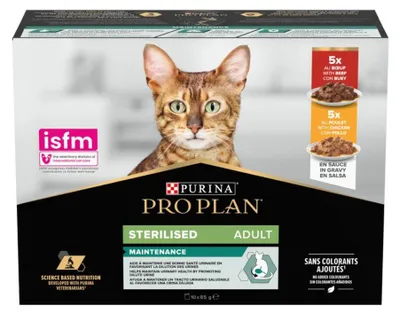 Productafbeelding van Purina Pro Plan Gesteriliseerde Kattenvoer, 10 bakjes van 85g, natvoer voor gesteriliseerde katten met rundvlees en kip in saus