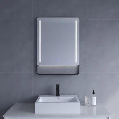 Produktbild von Badezimmer Spiegel mit Beleuchtung und Ablage in schwarz 60 x 80 cm Badspiegel mit hochwertigen Aluminiumrahmen Badezimmerspiegel mit LED Licht Spiegelheizung Touch Schalter Dimmbar für Wandschalter