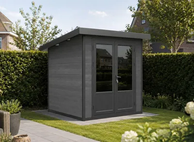 Produktbild von Linholm WPC Gartenhaus Lignum 2020 inkl. Dachrinnen-Set, 2-farbig Dunkelgrau/Anthrazit