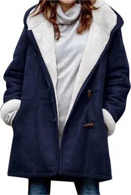 Produktbild von ASKSA Damen Fleecejacke Wintermantel Warm Fleece Hornknopfjacke Herbst Winter Kapuzenpullover Jacke Mantel, Dunkelblau, XL