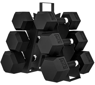 Image de Ensemble de haltères de 36 kg - Ensemble de 6 haltères hexagonaux courts - 2 x 4 kg, 2 x 6 kg, 2 x 8 kg - Revêtus de caoutchouc - Support de rangement inclus - Poignée antidérapante - Noir