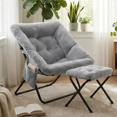 Obrázok produktu pre Relaxačné kreslo s podnožkou – sklápateľné kreslo – čalúnené – bočná vrecko – kovová konštrukcia – 72 x 76 x 78 cm – sivá farba