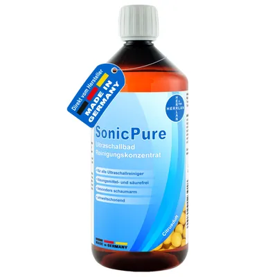 Produktbild von Ultraschallbad Reinigungskonzentrat SonicPure 1000 ml mit Citrus-Duft für alle Ultraschallreiniger I HERRLAN-Qualität