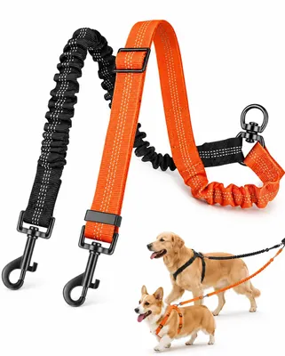 Productafbeelding van Doppelleine voor 2 honden, zwart-oranje, verstelbaar 50-90 cm, 360° draaibaar