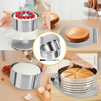 Produktbild von Ibenzoa® Profi-Torten-Set 4-teilig aus Edelstahl – verstellbarer Tortenbodenschneider, Tortenring (7 Führungsrillen), langes Tortenmesser, Tortenheber