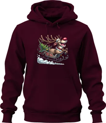 Produktbild von Rudolph Rentier Schlitten Weihnachtsbaum Glöckchen Cartoon Lustig Uni Hoodie Kapuzenpullover, Burgundy, 3XL