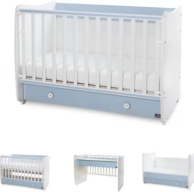 Produktbild von Lorelli Babybett Dream 70 x 140 cm umbaubar Kinderbett Schaukelbett Schreibtisch weiß blau