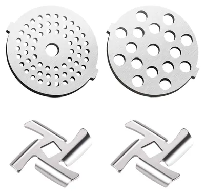 A set of four meat grinder accessories, including two cutting blades and two grinding plates, arranged on a white background.