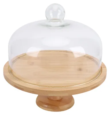 Produktbild von Kuchenständer aus Holz mit Deckel, 30 cm, multifunktionale Servierplatte, große Glas-Kuchenglocke