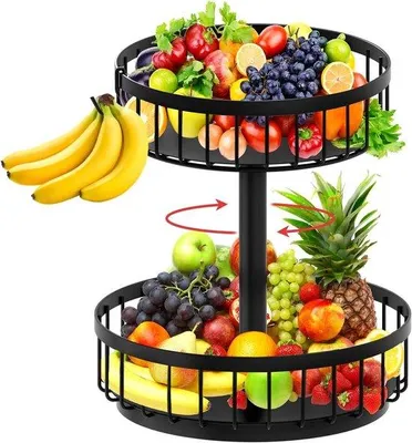 Obrázek produktu pro Ovoceový koš se 2 úrovněmi - Koš na ovoce do kuchyně - Úložný prostor do kuchyně - Otočný koš - 42 x 30 x 40 cm