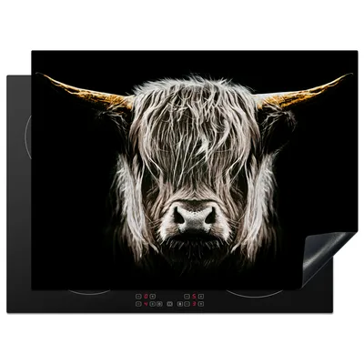 Produktbild von KitchenYeah© Herdabdeckplatte Schottischer Highlander - Gold - Hörner - Schwarz und weiß - Kuh - Tiere , 70x52cm, Küche Deko, Glaskeramikkochfeld Herdabdeckung, Abdeckplatte fùr Kochfeld