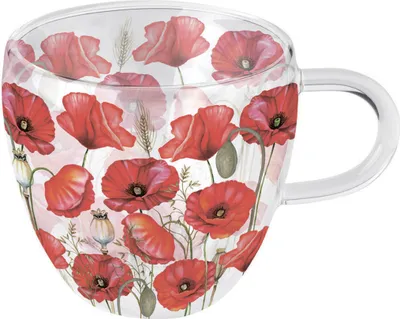 Produktbild von Tasse 10cm Glas doppelwandig 0,2L mit rotem Mohnblumen Design
