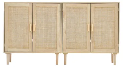 Produktbild von SucceBuy Rattanschrank mit 2 Stück Aufbewahrungskommoden, ausgestattet mit 4 magnetischen Türen und verstellbaren Regalböden, ideal als Sideboard für Flur, Wohnzimmer, Küche oder Eingangsbereich
