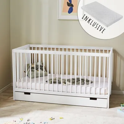 Produktbild von Babybett Kinderbett Gitterbett 60x120 cm mit Matratze und Schublade höhenverstellbar & herausnehmbare Sprossen | Buchenholz weiss  Europe
