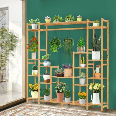 Image de Étagère pour plantes en bambou avec 9 niveaux et cadre suspendu, étagère sur pied, séparateur de pièce, étagère à fleurs, 167 x 30 x 166 cm