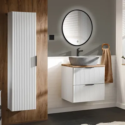 Produktbild von Badmöbel Set 3-teilig weiß ADELAIDE-56-WHITE Modern mit Eiche Nb., Front in Rillenoptik