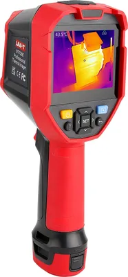 A red and black thermal imaging camera is shown against a white background.
