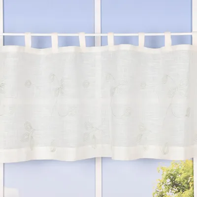 Produktbild von Bio Schlaufenbistro Scheibengardine aus Bio Baumwolle Blätterstickerei Leinenstruktur transparent wollweiß grün 150x50cm
