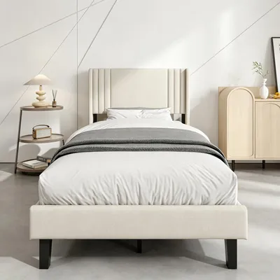 Image de INONEFT, lit à lattes avec sommier à ressorts, lit simple 90x200 cm, structure de lit stable en bois et en métal, lit pour adolescents avec tête de lit, beige, en lin