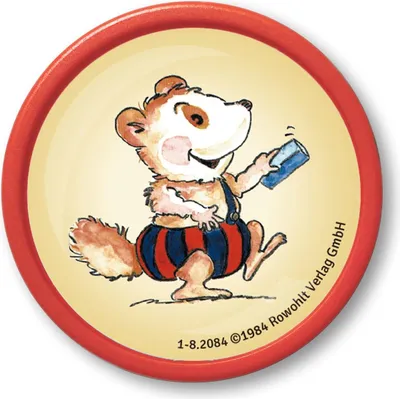 A cartoon illustration of a bear-like character holding a blue object.