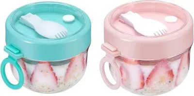Productafbeelding van Overnight Oats potten set van 2 - 600 ml Overnight Oat containers met deksel en lepel - Magnetronverwarming - Soepbeker