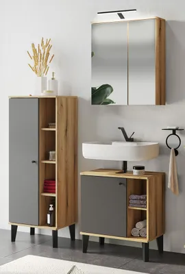 Produktbild von Badmöbel-Set 3-teilig mit Waschbeckenunterschrank 60 cm, LED-Spiegelschrank, in Eiche mit grau OLEAN-61
