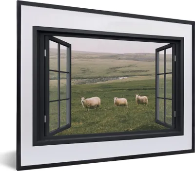 Produktbild von MuchoWow® MuchoWow® Gerahmtes Poster Durchblick - Gras - Schafe 40x30 cm - Poster mit zchwarzem Bilderrahmen - Bilderrahmen - Poster im Rahmen