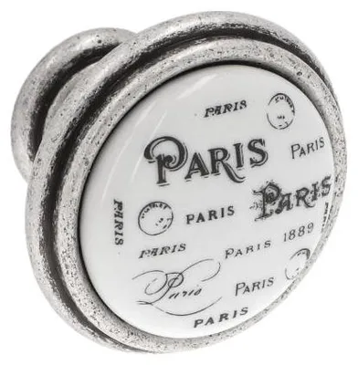 Produktbild von Knopf für Möbel, aus Zinklegierung (Zamac) und Porzellan. Durchmesser: 35 mm. Finish: Alt silber, glänzend. Set mit 6 Stück
