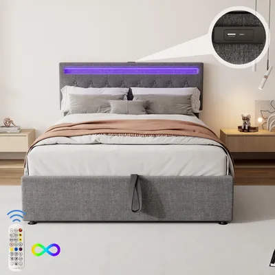 Zdjęcie produktu dla płaskie łóżko 140x200 cm z oświetleniem LED, hydraulicznym podnośnikiem, złączami USB i typu C, dużą przestrzenią do przechowywania, szary