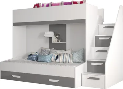 Produktbild von Etagenbett für Kinder Party 16 Stockbett mit Treppe und Bettkasten (Weiß + Grau Glanz)