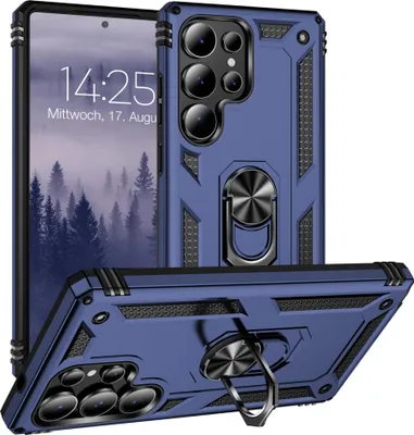A blue phone case with a ring holder is shown from multiple angles, with a phone inside one of the cases.