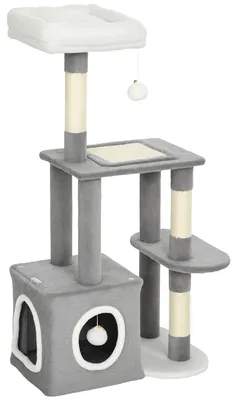 Immagine prodotto di Torre grigia per gatti di grandi dimensioni, con tiragraffi e casetta per gatti | Colore: Grigio e Bianco | Dimensioni: 40x55x107 cm