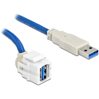 Produktbild von DeLOCK Keystone Modul USB 5 Gbps Typ-A Buchse 250° zu Typ-A Stecker mit 0,5 m Kabel weiß, Flach, Weiß, USB A, USB A, Weiblich, Männlich