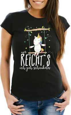 Produktbild von Damen T-Shirt Einhorn auf Schaukel "Mir reicht`s ich geh schaukeln" Spruch Slim Fit Moonworks® schwarz 3XL