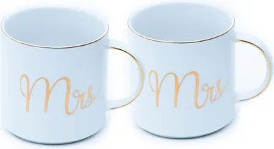 Produktbild von Intirilife Kaffeetasse in Weiß mit Goldrand und Aufschrift Mrs und Mrs auf jeweils einer Tasse - 300 ml Füllmenge - Teetasse Geschenk Becher mit Henkel Hochzeit