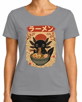 Zdjęcie produktu dla T-shirt damski z motywem "Kawaii Axolotl Ramen", styl japoński, anime, sakura, retro, Y2K, kolor: szary, rozmiar: M