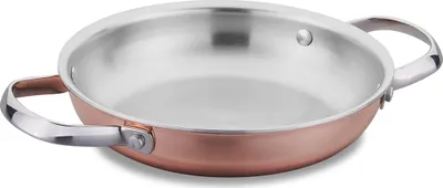 A copper and silver omelette pan is shown on a white background.