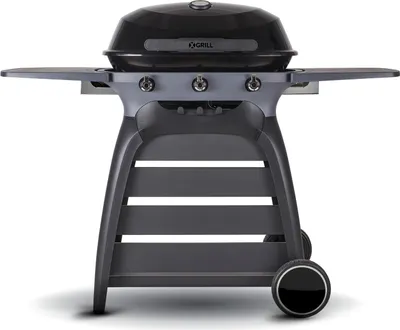 A studio shot of a black and gray gas grill on a white background.
