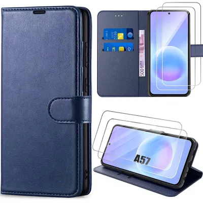 Image de Coque + 2 Verres Trempés pour Samsung Galaxy A57 5G, Protection Rabat CuirPolyuréthaneAnti-Rayure Bleu Foncé