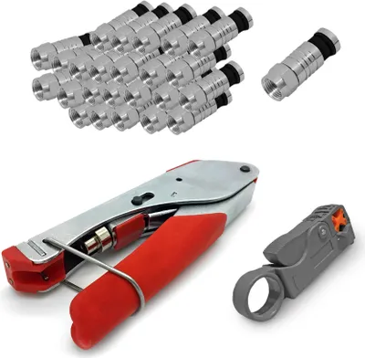 Produktbild von ARLI Kompressionszange + Abisolierer + 50x F-Kompressionsstecker 7 – 7,5 mm – Crimpzange Set für SAT & Koaxkabel