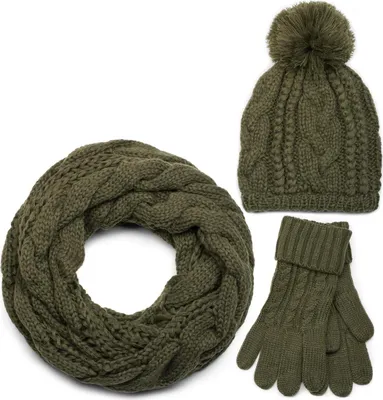Produktbild von styleBREAKER Schal, Mütze und Handschuh Set, Zopfmuster Strickschal mit Bommelmütze und Handschuhe, Damen 01018208
