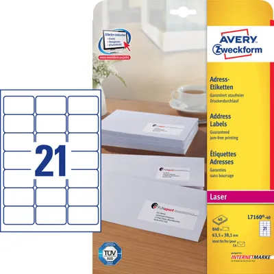 Immagine prodotto di 840 AVERY Etichette per indirizzi Zweckform L7160-40 bianco 63,5 x 38,1 mm